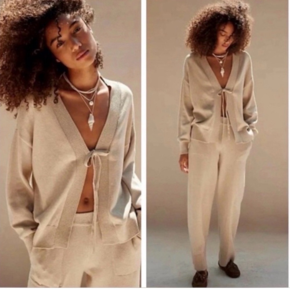 Free People Beach Cream Tie-Front Cardigan & Pants Set